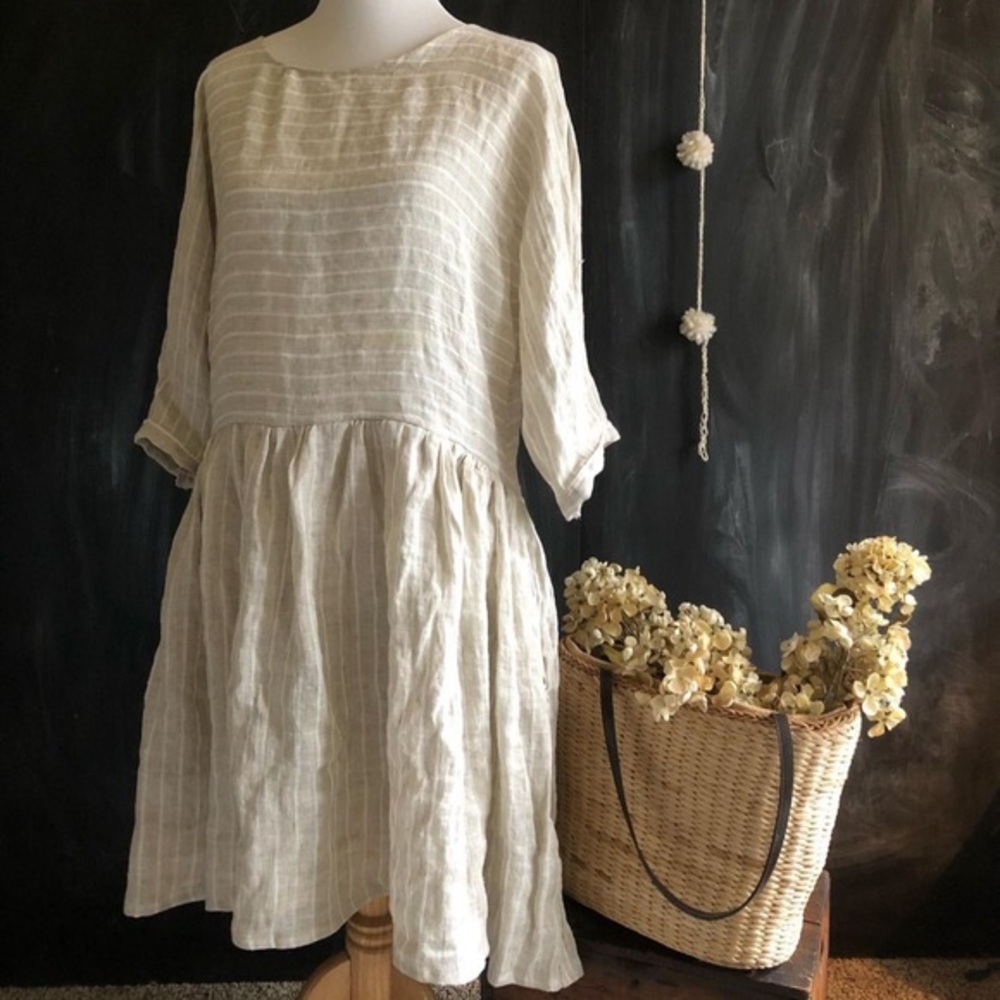 Camp Hollyhock Portland Linen Dress Striped Natural/Cream Size Medium